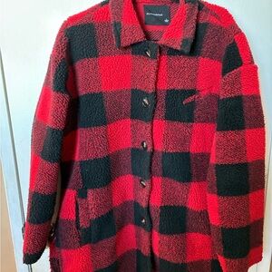 Olivaceous Red & Black Buffalo Plaid Sherpa Jacket
